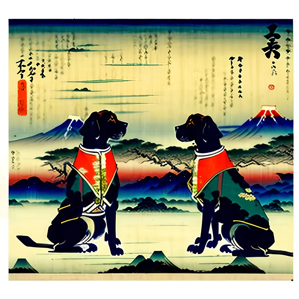 Prompt: black mountain cur dogs in hiroshige wearing samurai clothes