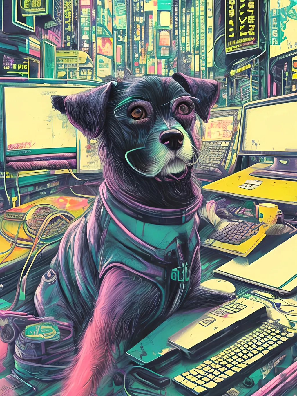 Prompt: pop art chalk pastel art of detailed dog hacking computers in cyberpunk japan, sketch, detailed background, highres, fun atmosphere, natural lighting,  abstract, fun