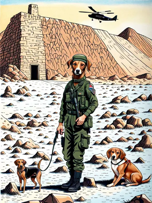 Prompt: black mountain cur dog in military gear in egypt 90s poster