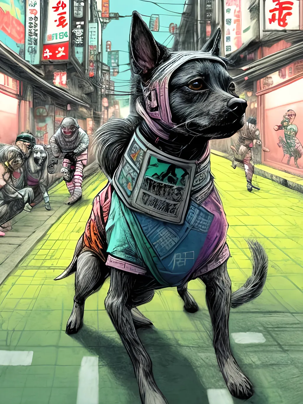 Prompt: pop art chalk pastel art of detailed dogs wearing ninja clothes playing in the streets in cyberpunk japan during a festival, sketch, detailed background, highres, fun atmosphere, natural lighting,  abstract, fun