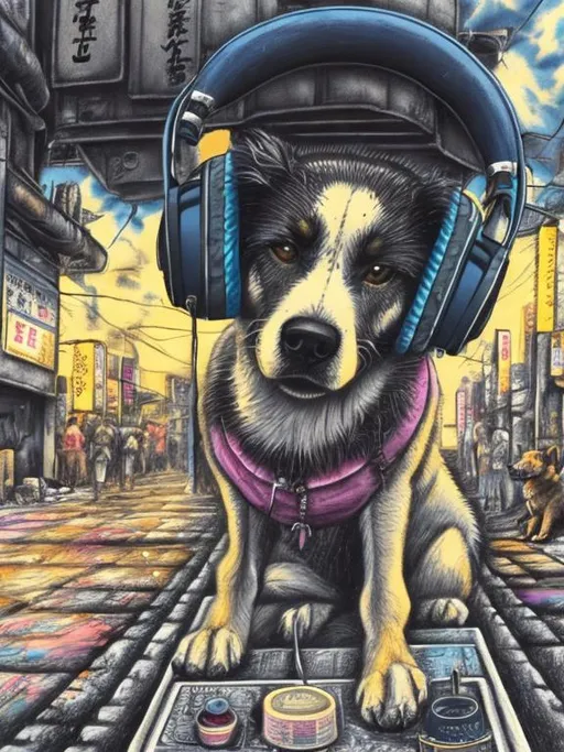 Prompt: pop art chalk pastel art of a detailed dog listening to music on the streets in post-apocalyptic Japan during a festival with planes in the background, sketch, detailed background, highres, fun atmosphere, natural lighting,  abstract, fun