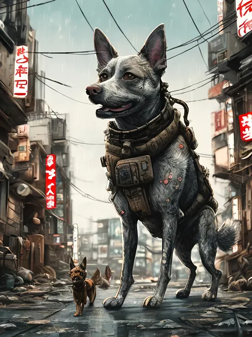 Prompt: chalk pastel style of a detailed dog in the streets in post-apocalyptic japan during a festival, sketch, detailed background, highres, fun atmosphere, natural lighting,  abstract, fun