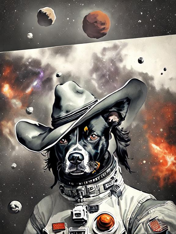 Prompt: Surrealism black dogs in cowboy outfits in space, abstract art style, cowboy hat, eerie atmosphere, floating celestial bodies, mysterious nebulae, dreamlike, surreal, high contrast, otherworldly, abstract, space, astronaut, fun atmosphere, celestial bodies, dreamlike, surreal, high contrast, mysterious, nebulae, dogs