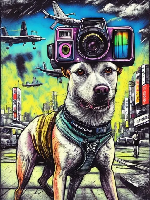 Prompt: pop art chalk pastel art of a detailed dog with a polaroid camera on the streets in post-apocalyptic Japan during a festival with planes in the background, sketch, detailed background, highres, fun atmosphere, natural lighting,  abstract, fun