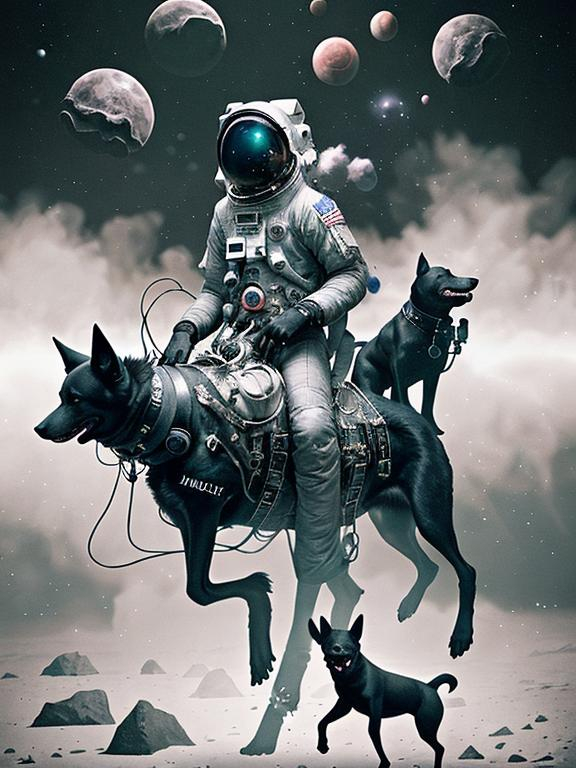 Prompt: Surrealism black dogs in cowboy outfits in space, abstract art style, eerie atmosphere, floating celestial bodies, mysterious nebulae, dreamlike, surreal, high contrast, otherworldly, abstract, space, astronaut, eerie atmosphere, celestial bodies, dreamlike, surreal, high contrast, mysterious, nebulae, dogs