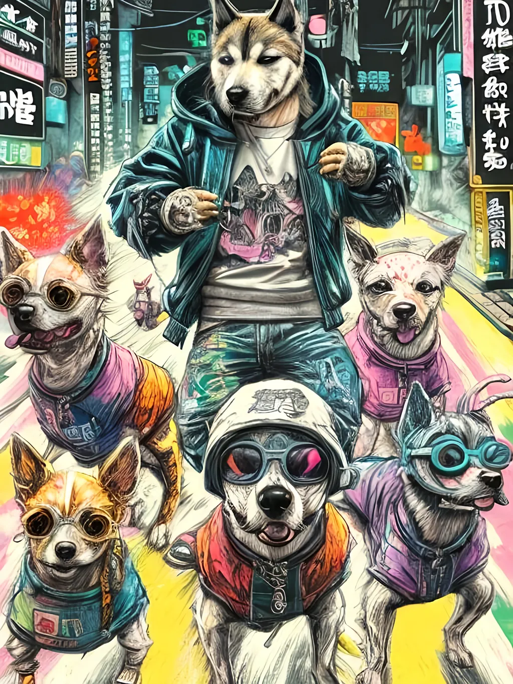 Prompt: pop art chalk pastel art of detailed dogs wearing gangster clothes playing in the streets in cyberpunk japan during a festival, sketch, detailed background, highres, fun atmosphere, natural lighting,  abstract, fun
