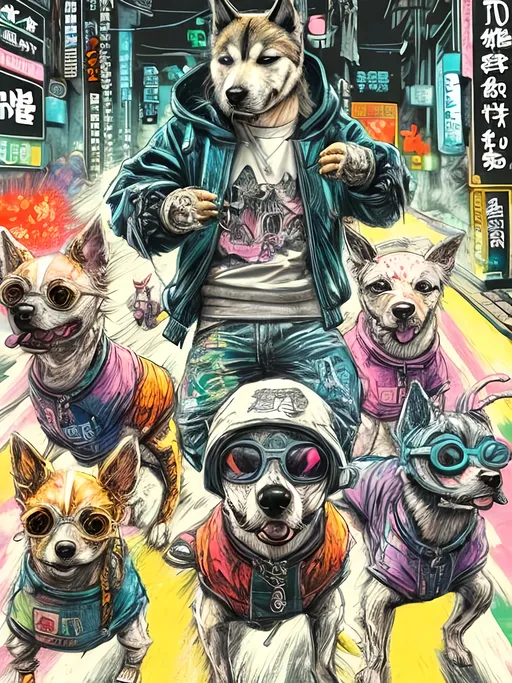 Prompt: pop art chalk pastel art of detailed dogs wearing gangster clothes playing in the streets in cyberpunk japan during a festival, sketch, detailed background, highres, fun atmosphere, natural lighting,  abstract, fun
