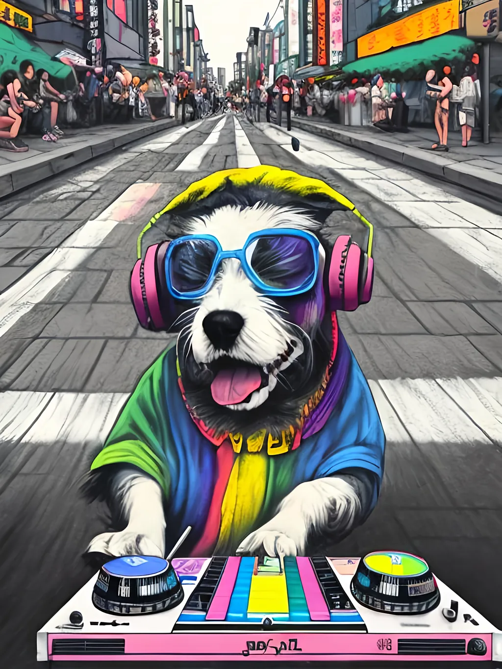 Prompt: pop art chalk pastel art of detailed dog DJing in the streets in Japan during a festival, sketch, detailed background, highres, fun atmosphere, natural lighting,  abstract, fun