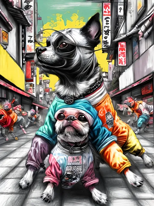 Prompt: pop art chalk pastel art of detailed dogs wearing gangster clothes playing in the streets in japan during a festival, sketch, detailed background, highres, fun atmosphere, natural lighting,  abstract, fun