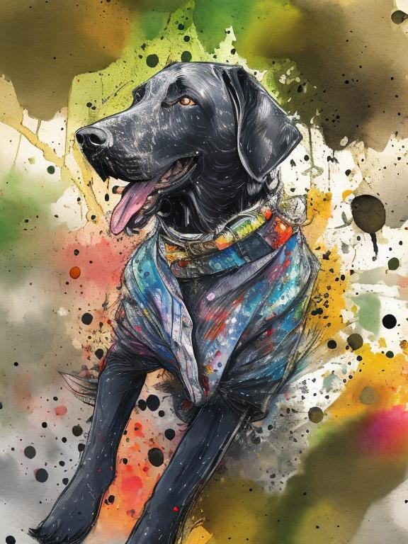 Prompt: a black dog wearing clothes having fun in the streets, water color, sketch, detailed background, highres, fun atmosphere, natural lighting