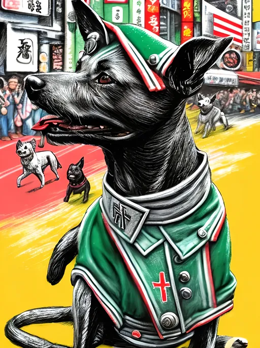 Prompt: pop art chalk pastel art of detailed dogs wearing nazi uniforms playing in the streets in japan during a festival, sketch, detailed background, highres, fun atmosphere, natural lighting,  abstract, fun