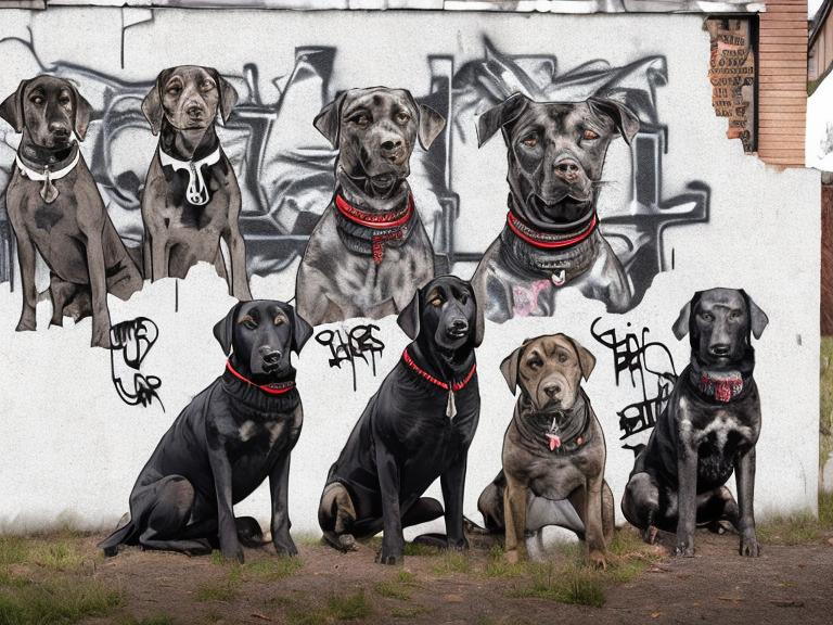 Prompt: mountain cur black dogs in gangster clothing graffiti