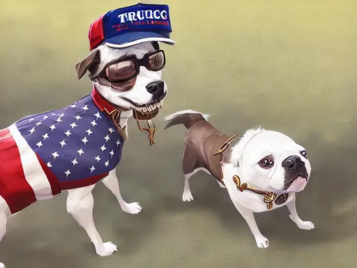 Prompt: dog dressed in pro trump clothes