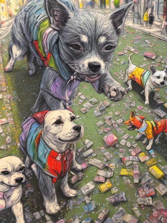 Prompt: pop art chalk pastel art of detailed dogs wearing clothes playing in the streets in japan during a festival, sketch, detailed background, highres, fun atmosphere, natural lighting,  abstract, fun