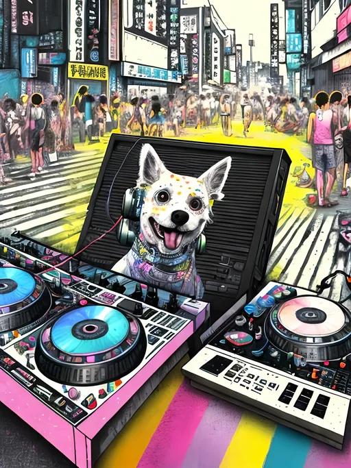 Prompt: pop art chalk pastel art of detailed dog DJing in the streets in Japan during a festival, sketch, detailed background, highres, fun atmosphere, natural lighting,  abstract, fun