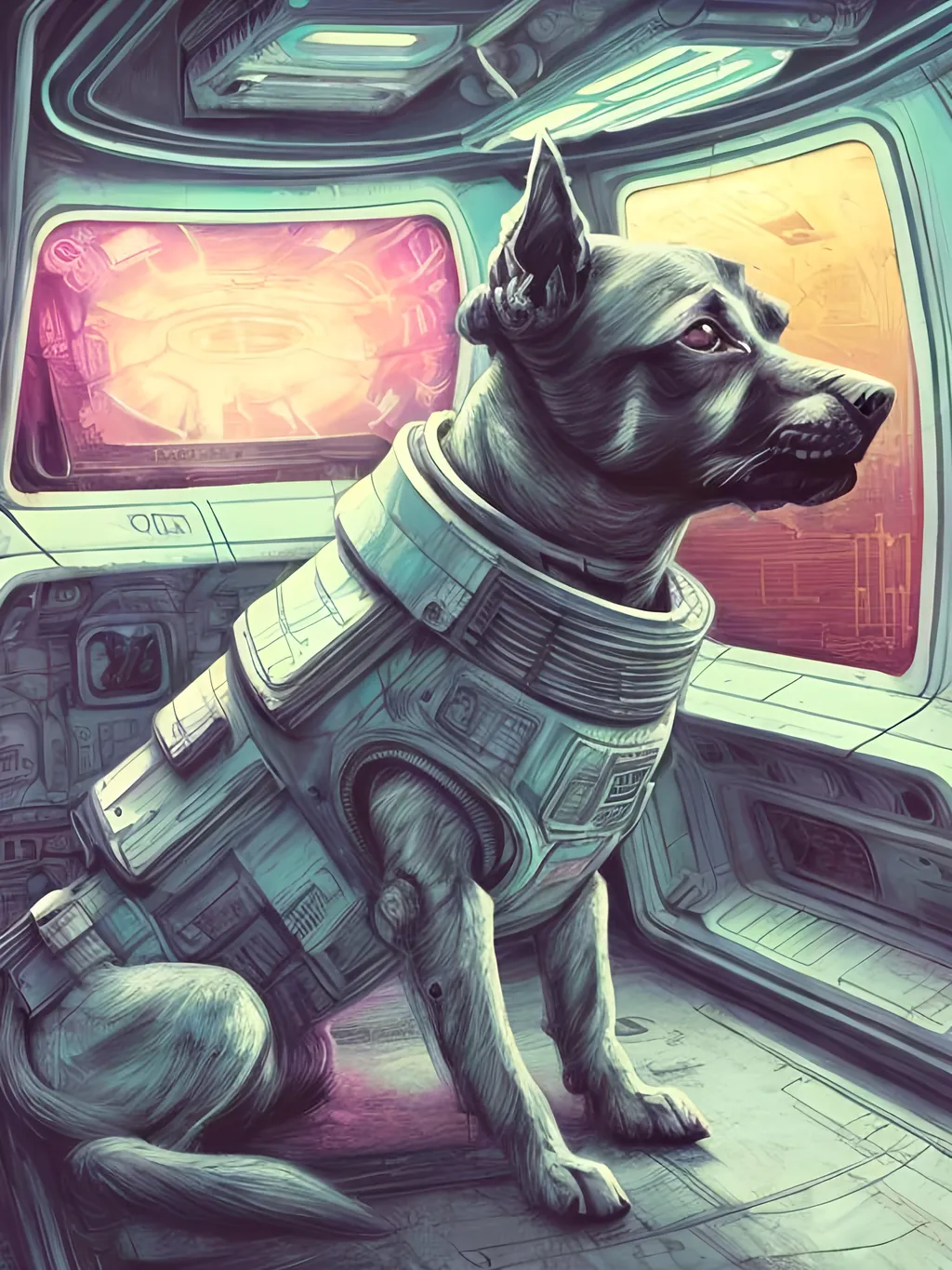 Prompt: chalk pastel style of a  detailed dog in a cyberpunk spaceship, sketch, detailed background, highres, fun atmosphere, natural lighting,  abstract, fun