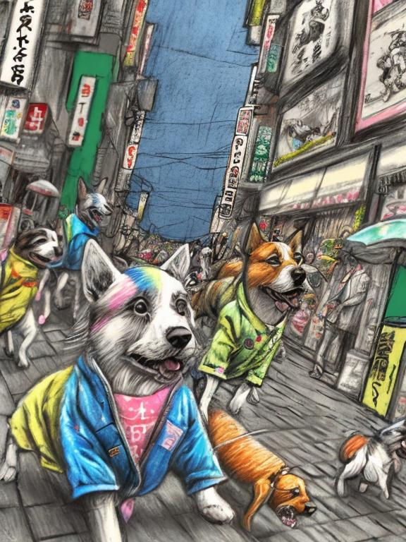 Prompt: pop art chalk pastel art of detailed dogs wearing clothes playing in the streets in japan during a festival, sketch, detailed background, highres, fun atmosphere, natural lighting,  abstract, fun