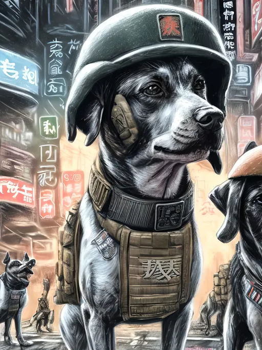 Prompt: chalk pastel art of a detailed dogs wearing military uniforms on the streets in cyberpunk japan during a festival, sketch, detailed background, highres, fun atmosphere, natural lighting,  abstract, fun