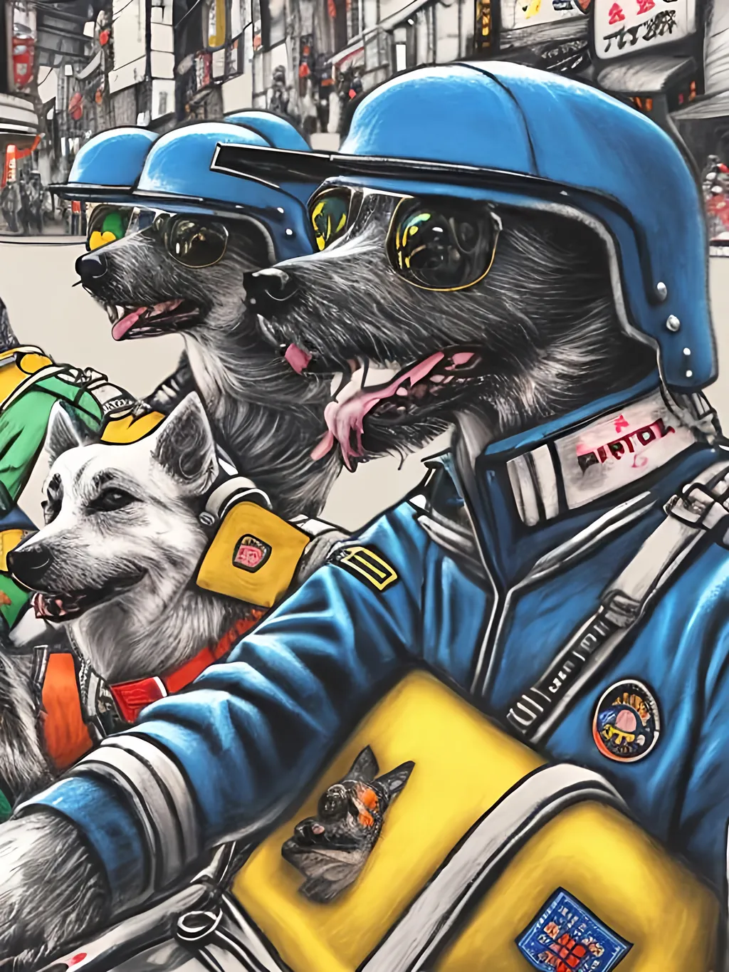 Prompt: pop art chalk pastel art of detailed dogs wearing pilot uniforms playing in the streets in japan during a festival, sketch, detailed background, highres, fun atmosphere, natural lighting,  abstract, fun