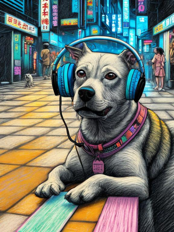 Prompt: pop art chalk pastel art of a detailed dog listening to music on the streets in cyberpunk japan during a festival, sketch, detailed background, highres, fun atmosphere, natural lighting,  abstract, fun