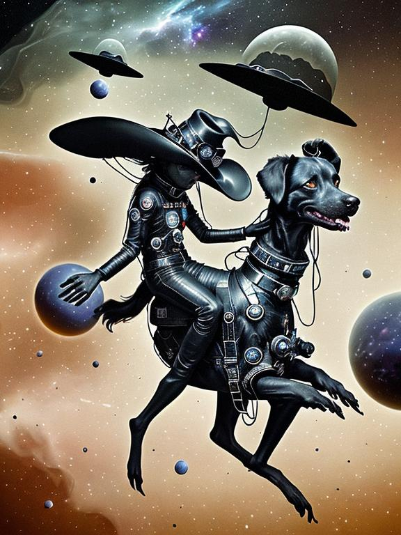 Prompt: Surrealism black dogs in cowboy outfits in space, abstract art style, cowboy hat, eerie atmosphere, floating celestial bodies, mysterious nebulae, dreamlike, surreal, high contrast, otherworldly, abstract, space, astronaut, eerie atmosphere, celestial bodies, dreamlike, surreal, high contrast, mysterious, nebulae, dogs