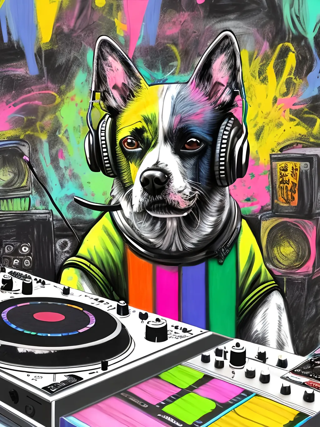 Prompt: pop art chalk pastel art of detailed dog DJing in Japan, sketch, detailed background, highres, fun atmosphere, natural lighting,  abstract, fun