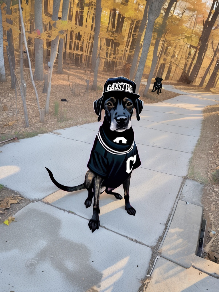 Prompt: mountain cur black dogs in gangster rappers clothing 