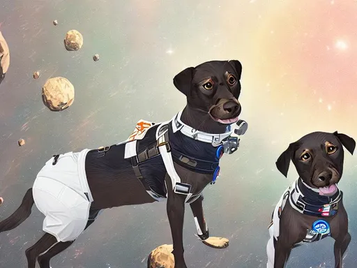 Prompt: black mountain cur dogs in space dressed in nasa uniforms