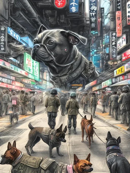 Prompt: chalk pastel art of a detailed dogs wearing military uniforms on the streets in cyberpunk japan during a festival with planes in the background, sketch, detailed background, highres, fun atmosphere, natural lighting,  abstract, fun