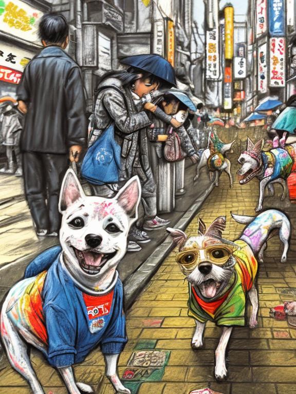 Prompt: pop art chalk pastel art of detailed dogs wearing clothes playing in the streets in japan during a festival, sketch, detailed background, highres, fun atmosphere, natural lighting,  abstract, fun