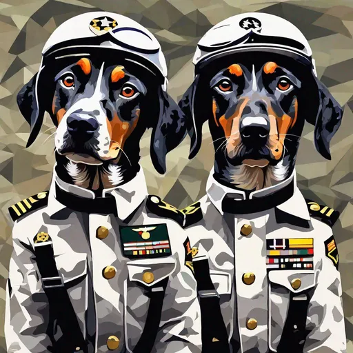 Prompt: mountain cur black dogs in pilot uniform abstract art