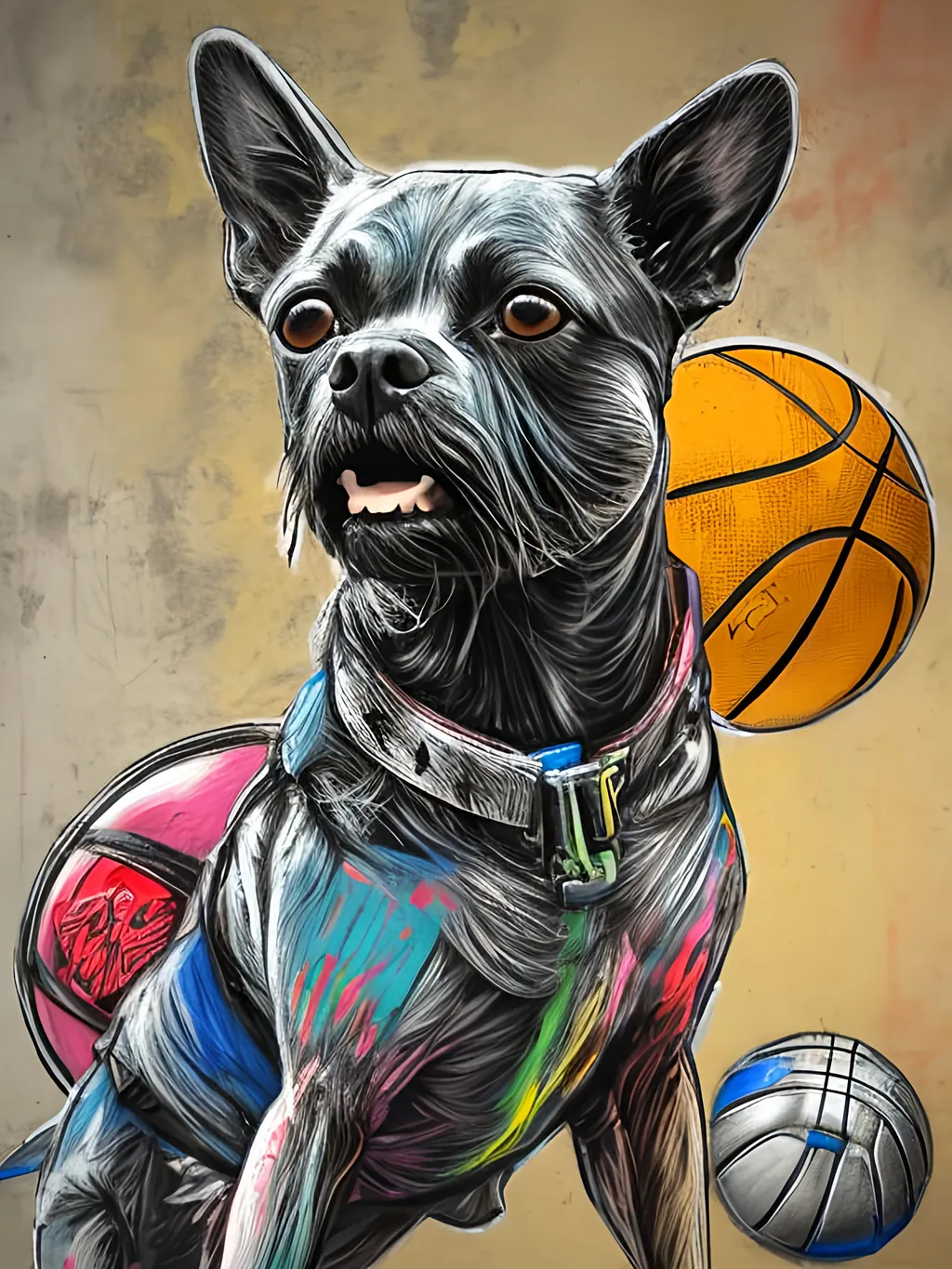 Prompt: pop art chalk pastel art of detailed dog at a basket ball game in cyberpunk japan, sketch, detailed background, highres, fun atmosphere, natural lighting,  abstract, fun