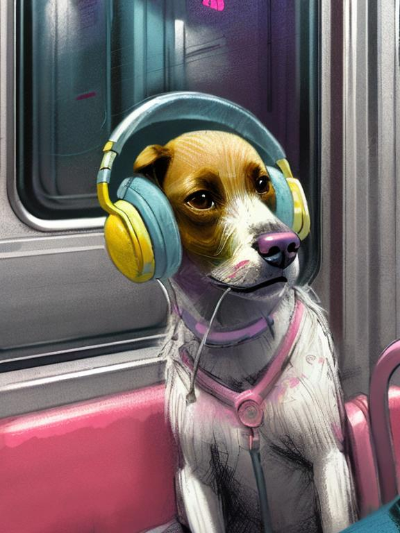 Prompt: chalk pastel art of a detailed dog listening to music on the subway train in cyberpunk japan, sketch, detailed background, highres, fun atmosphere, natural lighting,  abstract, fun