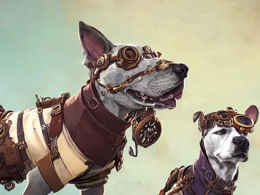 Prompt: steampunk dogs dressed in pilot clothes