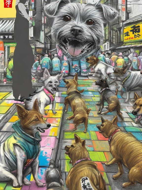 Prompt: pop art chalk pastel art of detailed dogs wearing clothes playing in the streets in japan during a festival, sketch, detailed background, highres, fun atmosphere, natural lighting,  abstract, fun