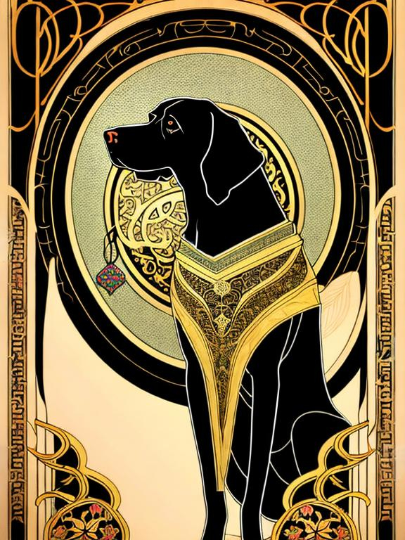 Prompt: black dog in persian clothing Art Nouveau style