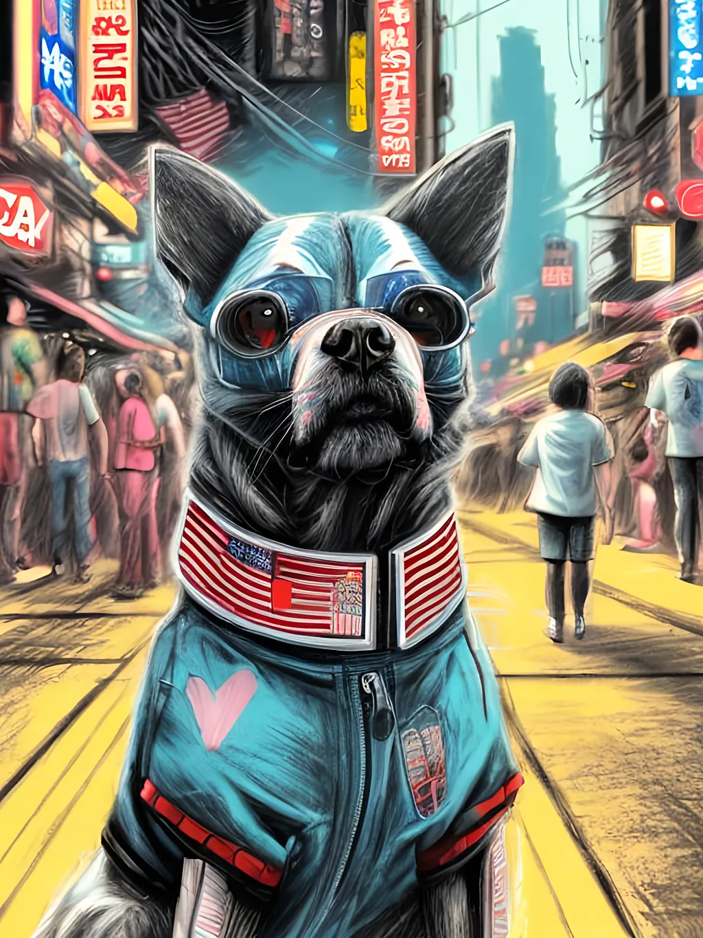 Prompt: pop art chalk pastel art of detailed dog wearing USA clothes playing in the streets in cyberpunk japan during a festival, sketch, detailed background, highres, fun atmosphere, natural lighting,  abstract, fun