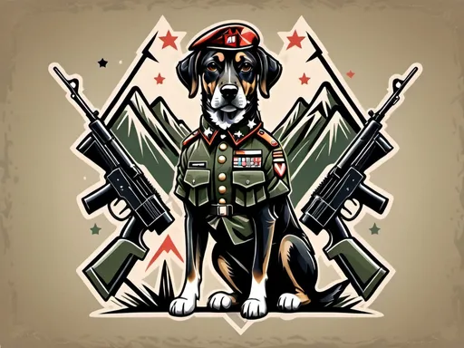 Prompt: Mountain cur black dog in soldier clothing abstract art style