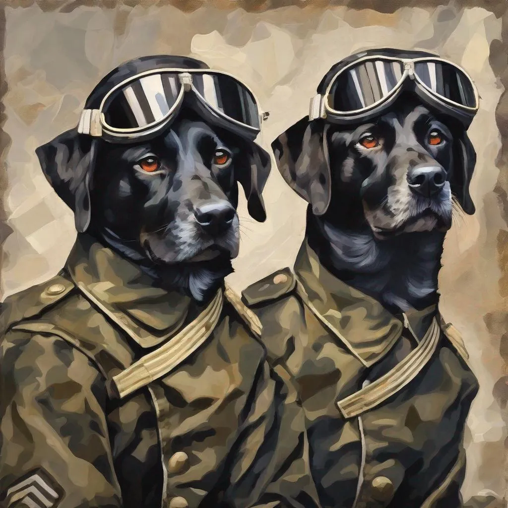 Prompt: mountain cur black dogs in pilot uniform abstract art