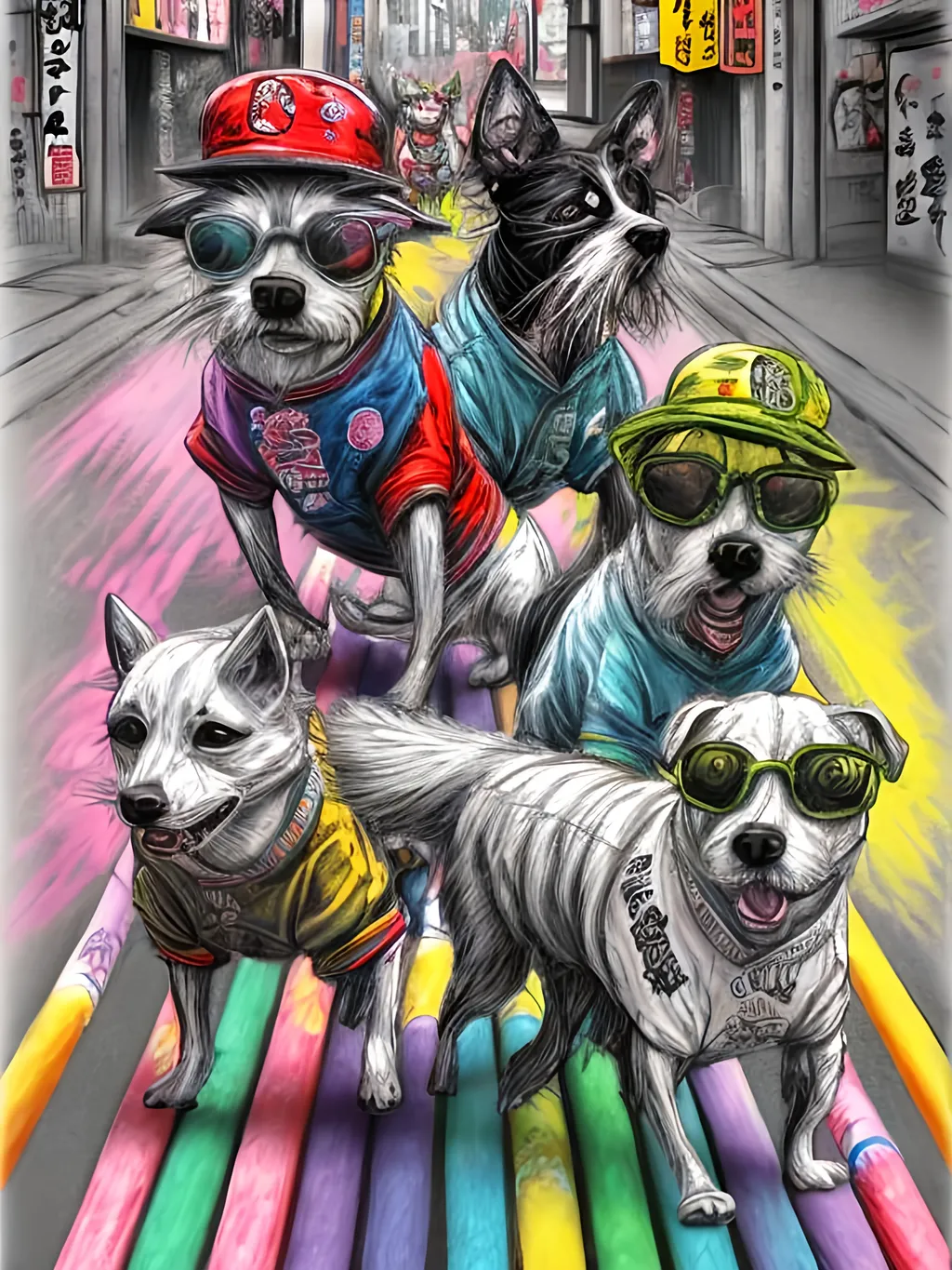 Prompt: pop art chalk pastel art of detailed dogs wearing gangster clothes playing in the streets in japan during a festival, sketch, detailed background, highres, fun atmosphere, natural lighting,  abstract, fun