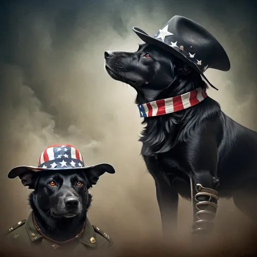 Prompt: Surreal, abstract art of black dogs in patriotic soldier outfits, cowboy hat, high contrast, dreamlike, otherworldly, fun atmosphere, mysterious, professional art, abstract, highres, vibrant colors, atmospheric lighting, USA, surreal style, vibrant, high-quality