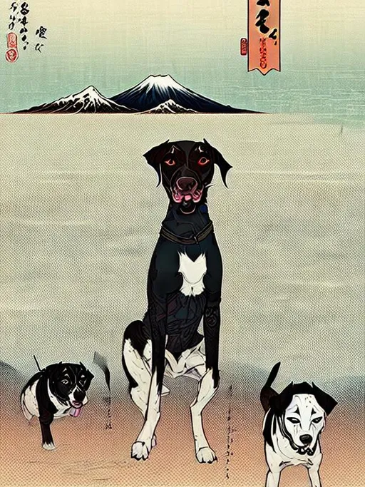 Prompt: black mountain cur dogs pooping in hiroshige wave 