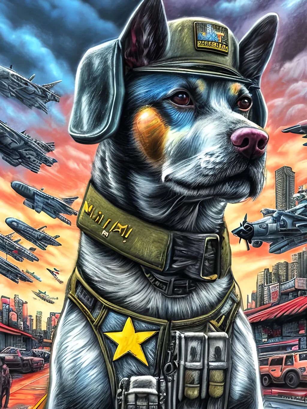 Prompt: pop art chalk pastel art of a detailed dog wearing a military uniform on the streets in cyberpunk japan during a festival with planes in the background, sketch, detailed background, highres, fun atmosphere, natural lighting,  abstract, fun