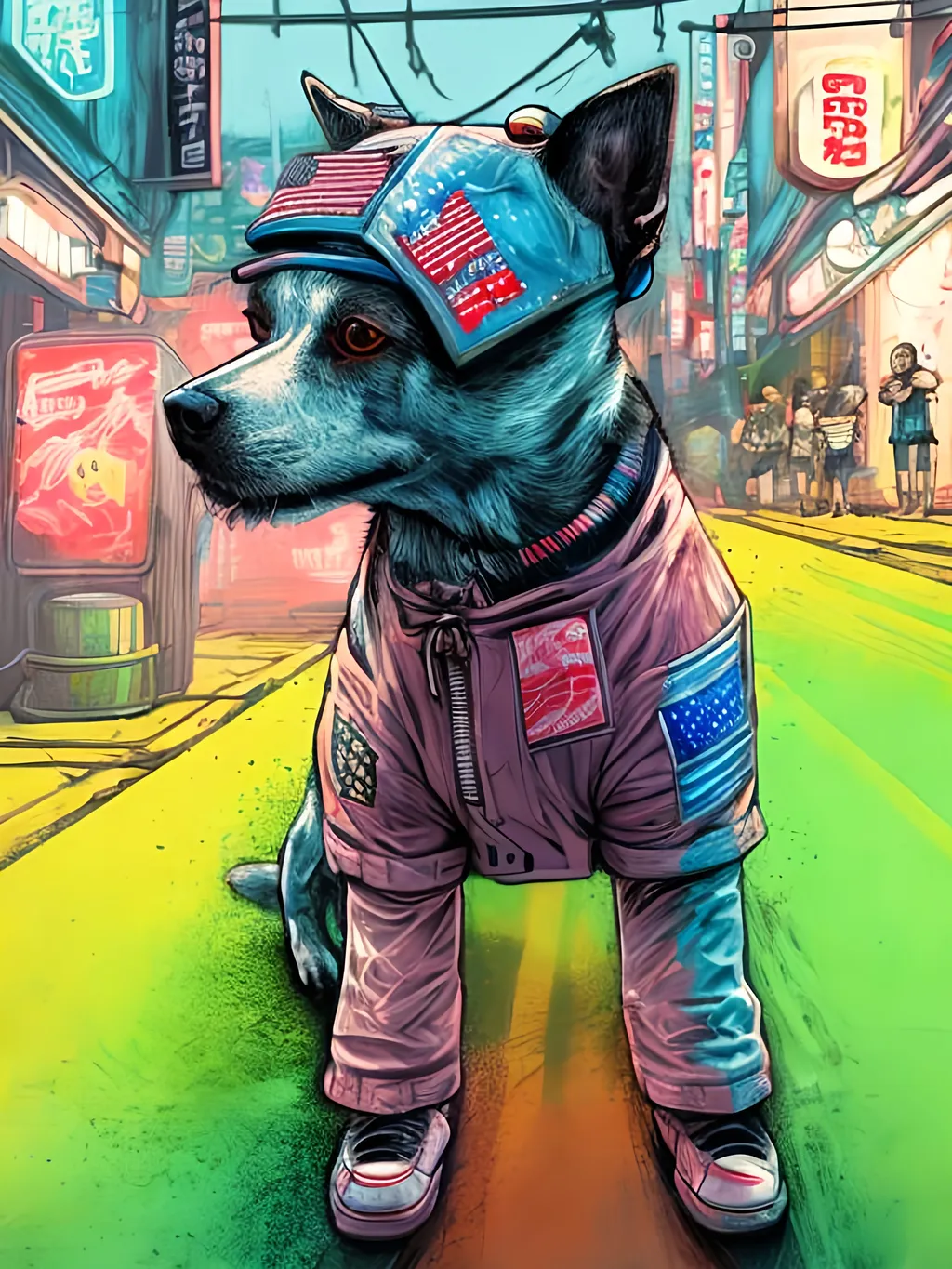 Prompt: pop art chalk pastel art of detailed dog wearing usa clothes playing in the streets in cyberpunk japan during a festival, sketch, detailed background, highres, fun atmosphere, natural lighting,  abstract, fun