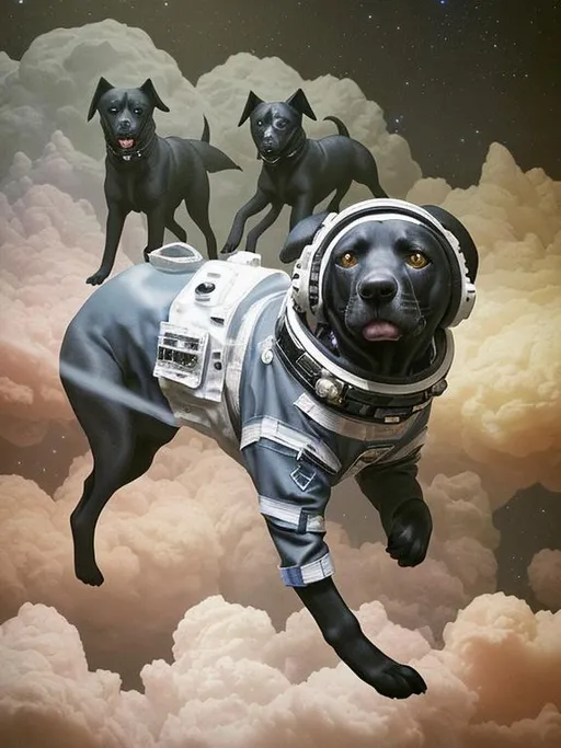 Prompt: Surrealism black dogs in astronaut outfits in space, abstract art style, eerie atmosphere, floating celestial bodies, mysterious nebulae, monochromatic palette, dreamlike, surreal, high contrast, otherworldly, abstract, space, astronaut, eerie atmosphere, celestial bodies, monochromatic, dreamlike, surreal, high contrast, mysterious, nebulae, dogs