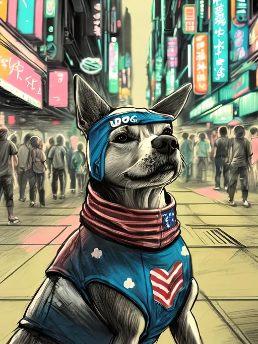 Prompt: pop art chalk pastel art of detailed dog wearing USA clothes playing in the streets in cyberpunk japan during a festival, sketch, detailed background, highres, fun atmosphere, natural lighting,  abstract, fun