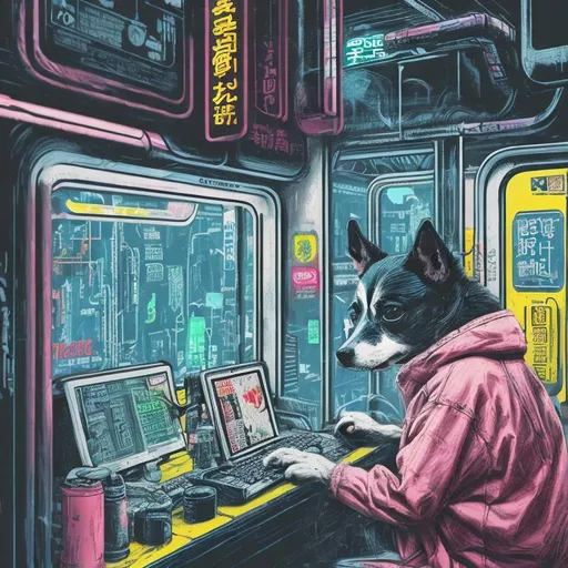 Prompt: pop art chalk pastel art of a detailed dog hacking a computer on the subway train in cyberpunk japan with planes in the background, sketch, detailed background, highres, fun atmosphere, natural lighting,  abstract, fun