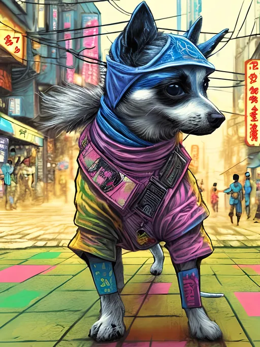 Prompt: pop art chalk pastel art of detailed dog wearing ninja clothes playing in the streets in cyberpunk japan during a festival, sketch, detailed background, highres, fun atmosphere, natural lighting,  abstract, fun