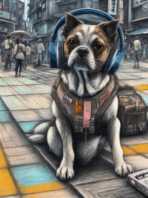 Prompt: chalk pastel art of a detailed dog listening to music on the streets in post-apocalyptic Japan during a festival with planes in the background, sketch, detailed background, highres, fun atmosphere, natural lighting,  abstract, fun