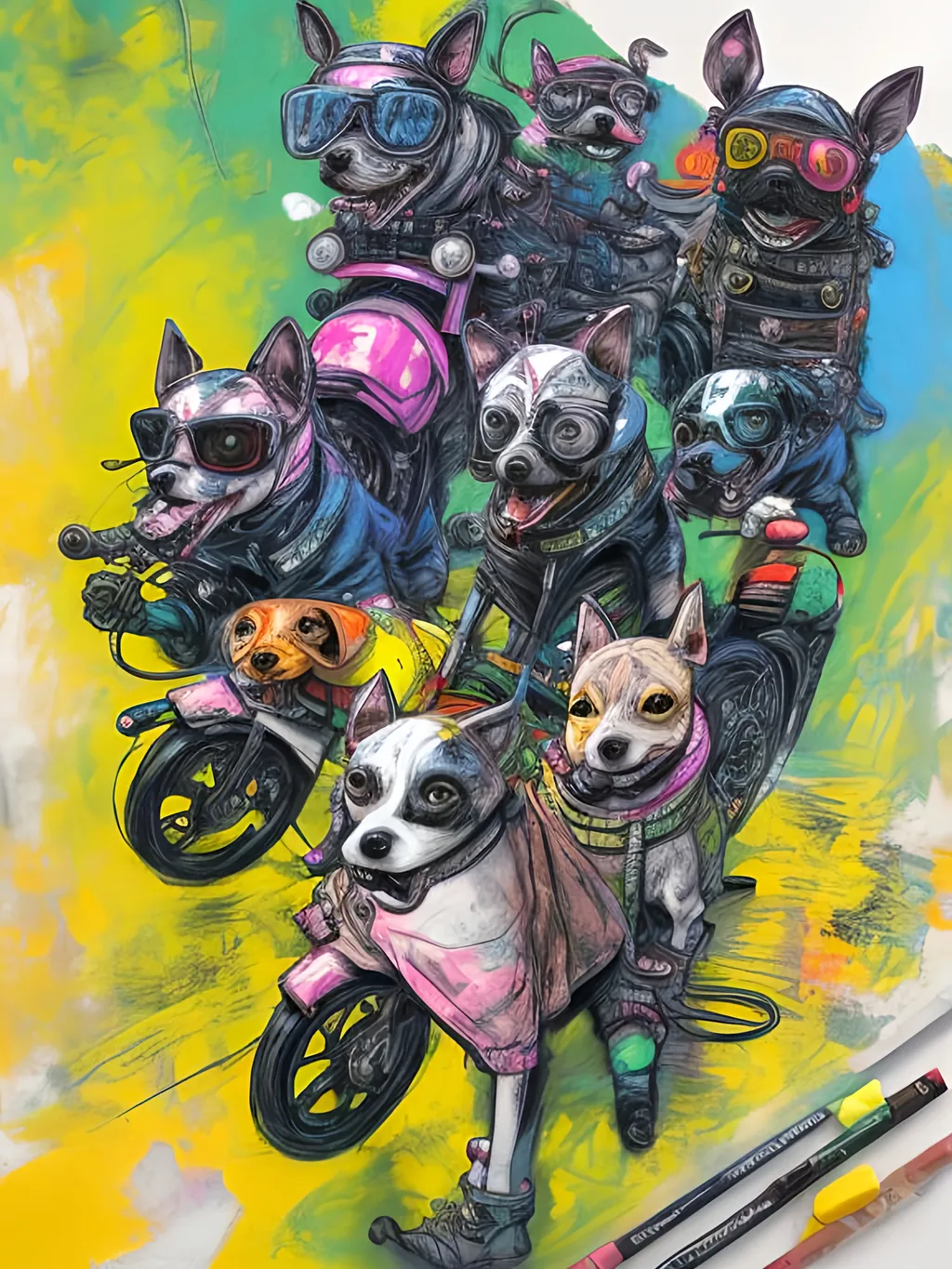 Prompt: pop art chalk pastel art of detailed dogs wearing biker gang clothes playing in the streets in cyberpunk japan during a festival, sketch, detailed background, highres, fun atmosphere, natural lighting,  abstract, fun